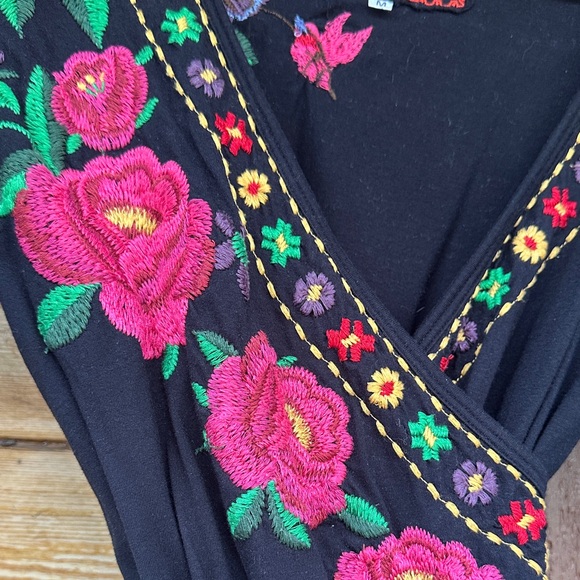 Johnny Was JW Los Angeles Wrap Black Dress with Floral Embroidery - Picture 2 of 7